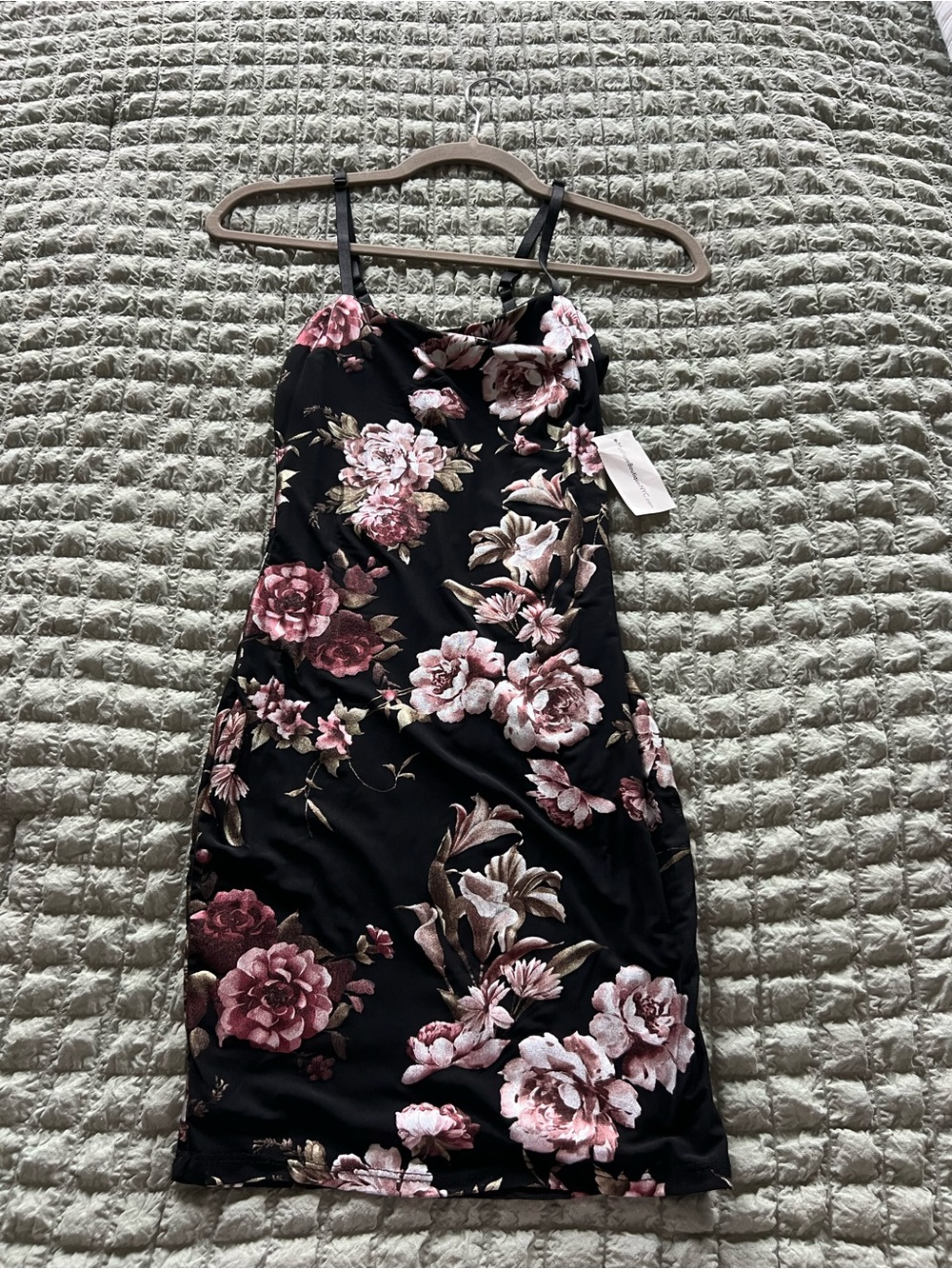 Mystique Boutique Black Mini Dress with Pink Floral Print